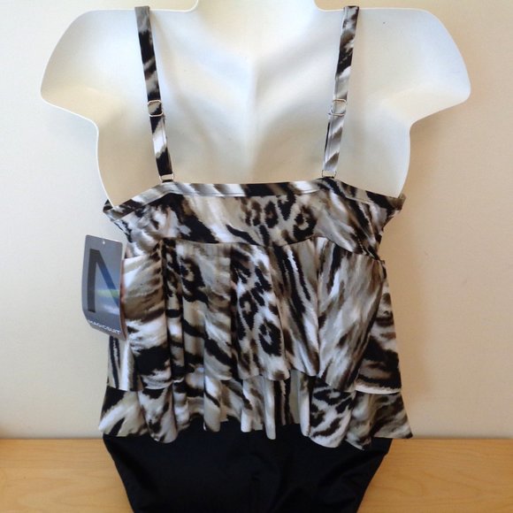 Magicsuit Sheridan Tiered Ruffle Swimsuit 1 PC Black & Brown Go Wild Size 14 NEW - Picture 5 of 7
